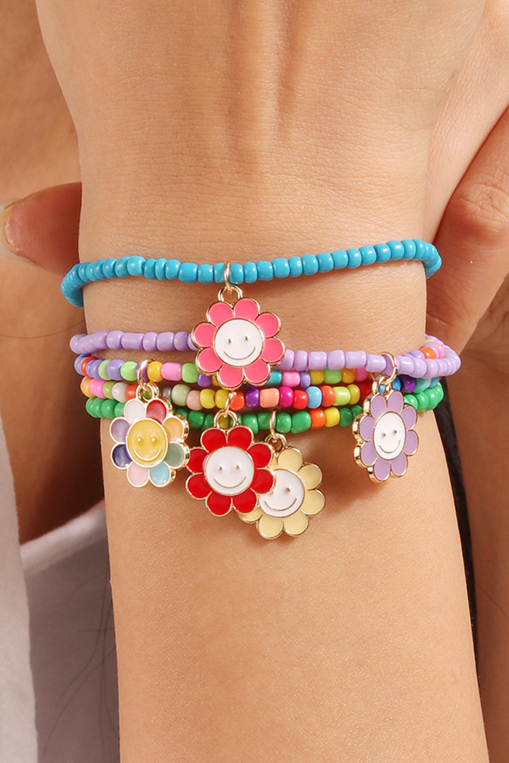 Light Blue 5pcs Smiley Flower Pendant Beaded Bracelet Set Jewelry JT's Designer Fashion