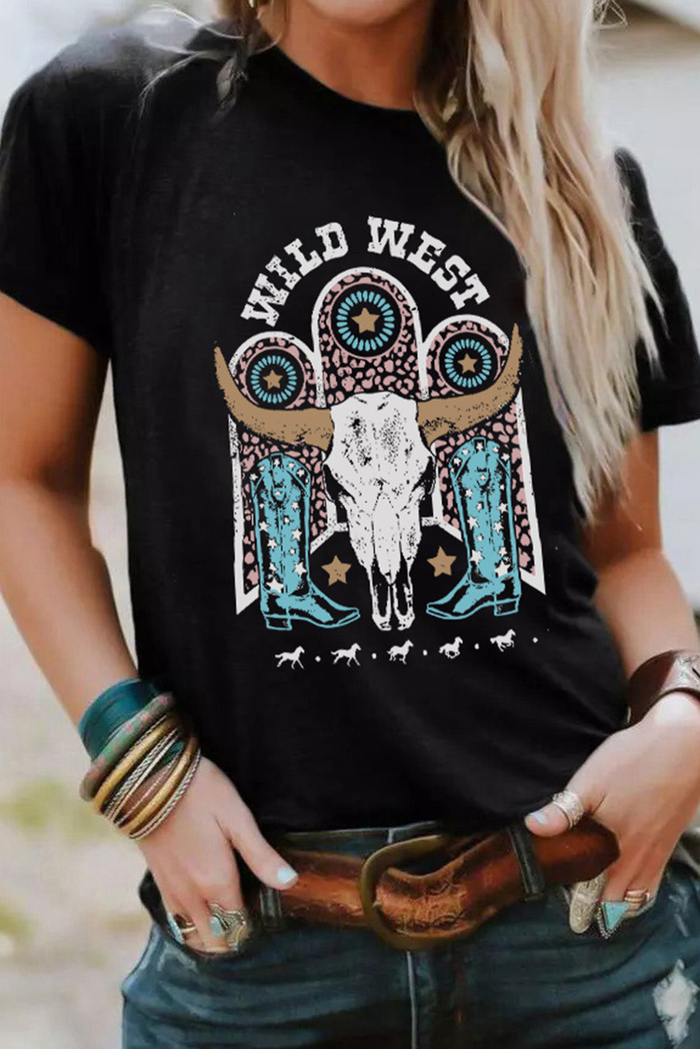 Black WILD WEST Steer Skull Graphic T Shirt Graphic Tees JT's Designer Fashion