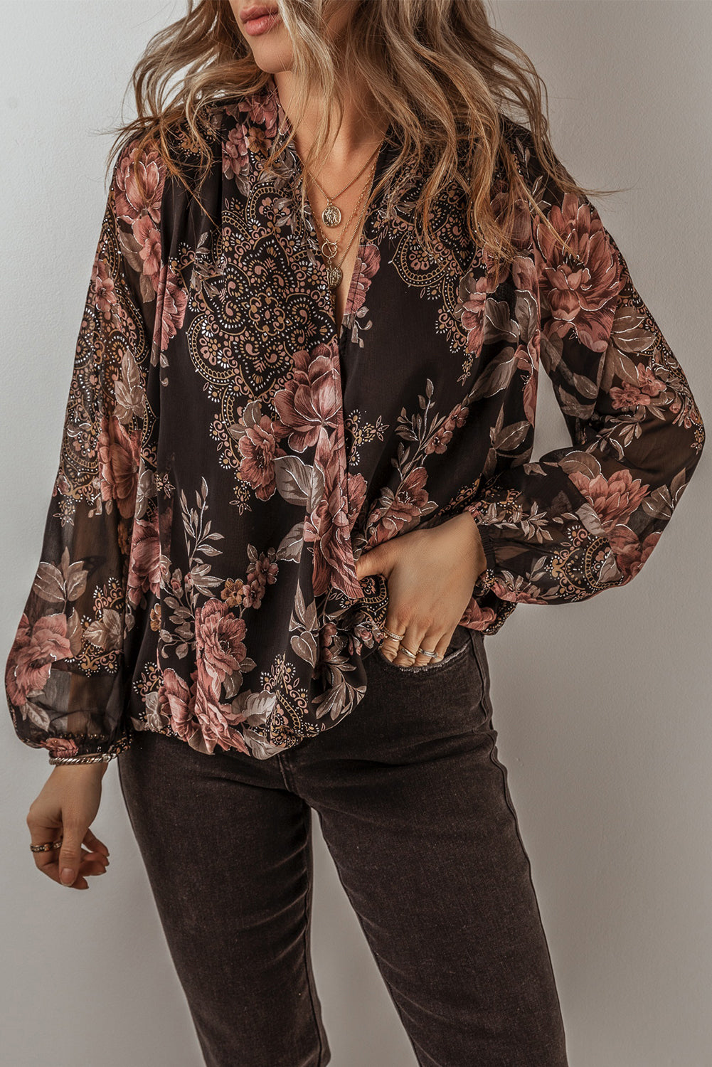 Black Floral Print Criss Cross V Neck Balloon Sleeve Blouse Blouses & Shirts JT's Designer Fashion