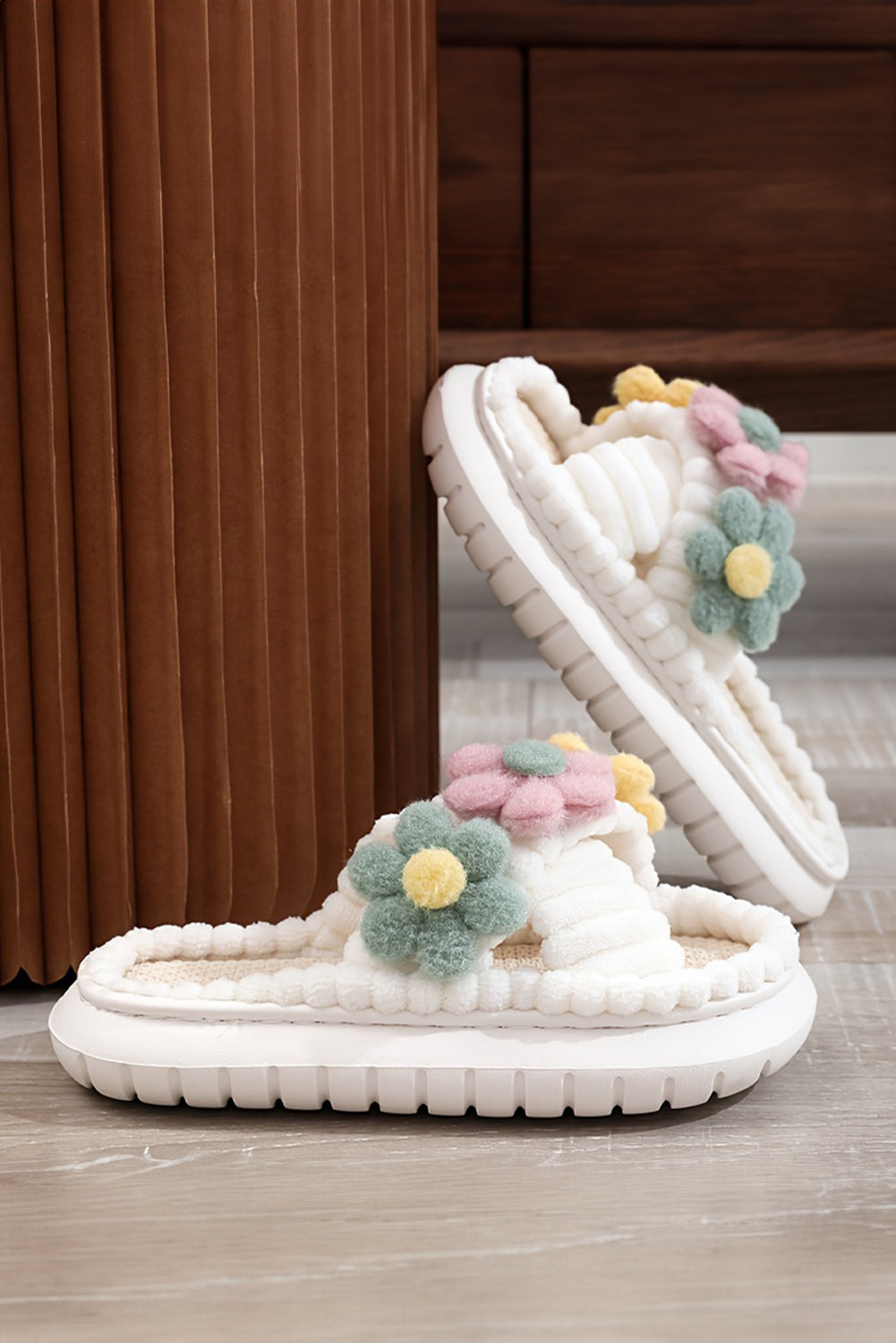 White Fuzzy Flower Cross Strap Open Toe Slippers Slippers JT's Designer Fashion