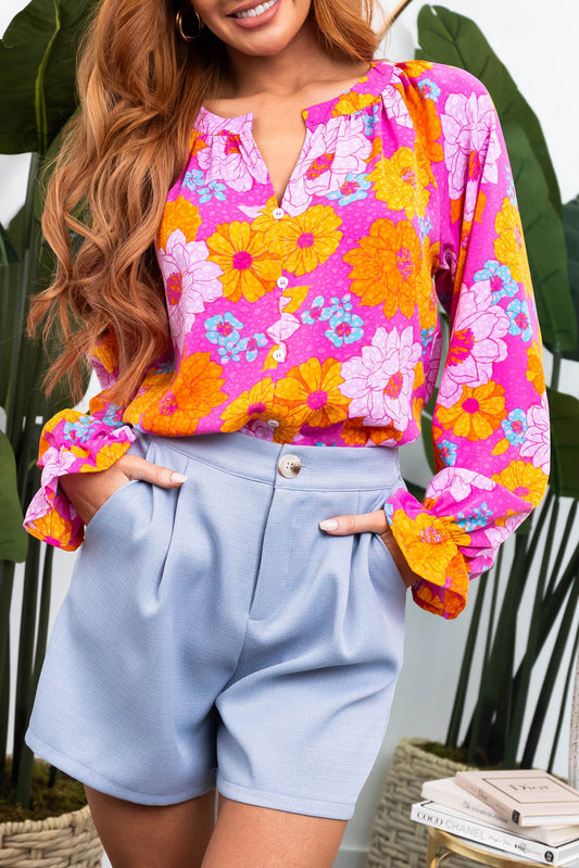 Rose Floral Print Flounce Sleeve Notched Neck Blouse Blouses & Shirts JT's Designer Fashion