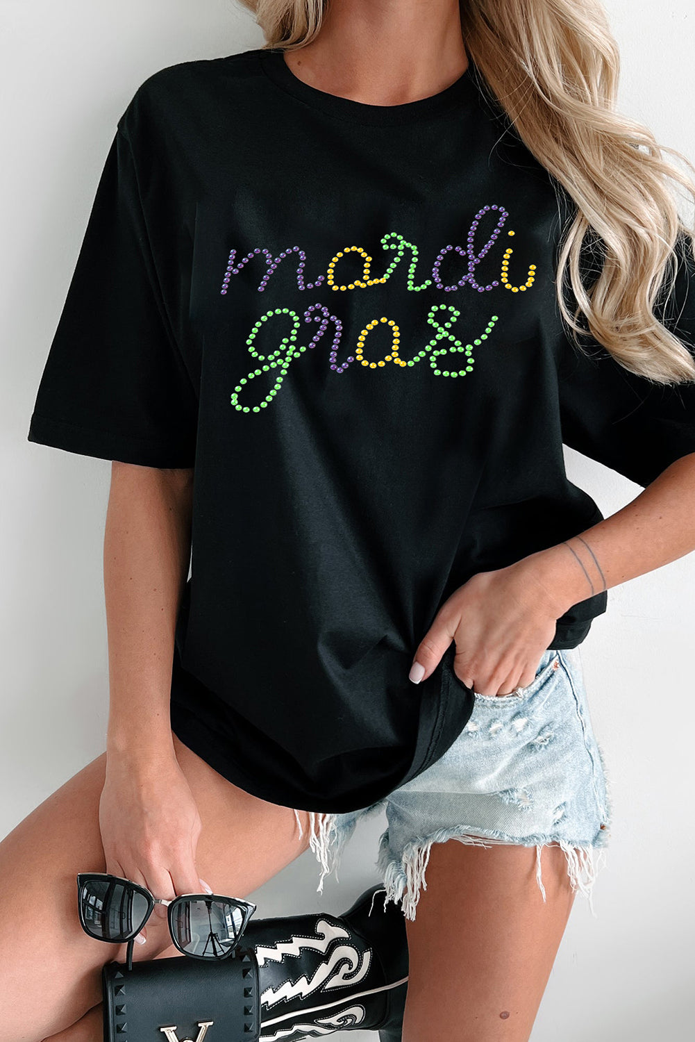 Black Rhinestone Mardi Gras Letter Graphic T Shirt Graphic Tees JT's Designer Fashion