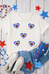 White Sequin Patriotic Heart Graphic Crewneck T Shirt Graphic Tees JT's Designer Fashion
