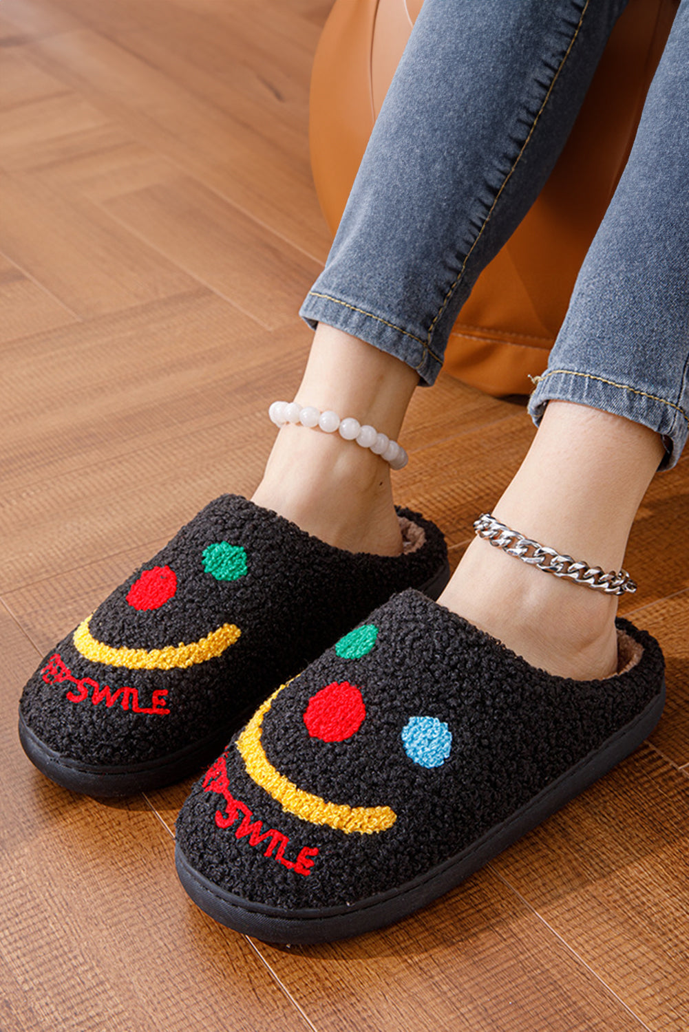 Black Keep Smile Printed Sherpa Home Slippers Slippers JT's Designer Fashion