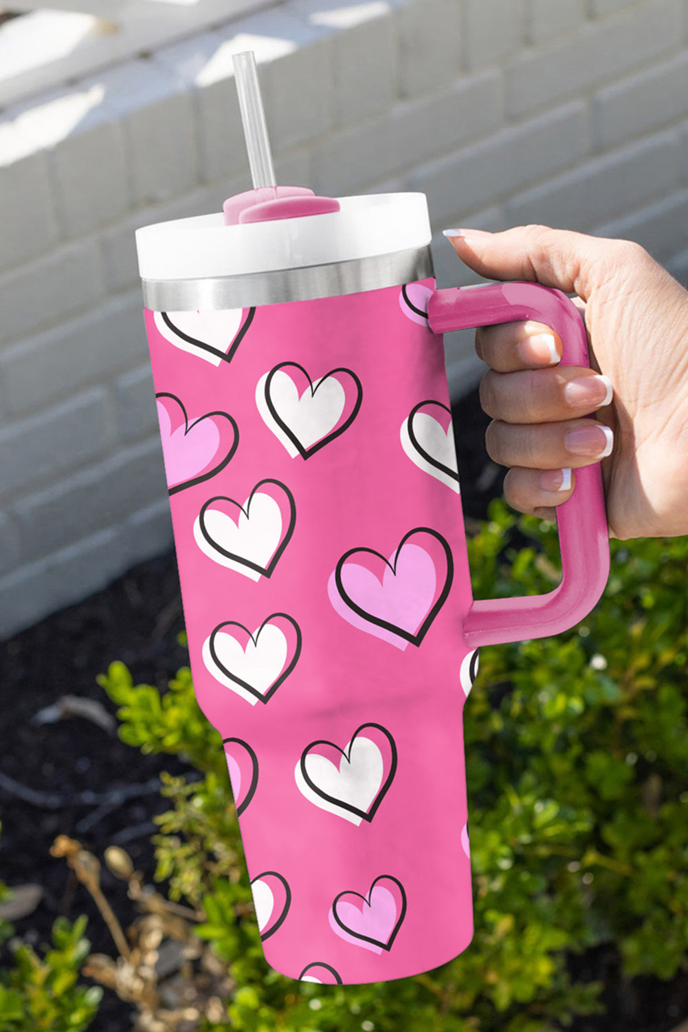 Rose Red Valentines Heart Printed Thermos Cup with Handle Tumblers JT's Designer Fashion