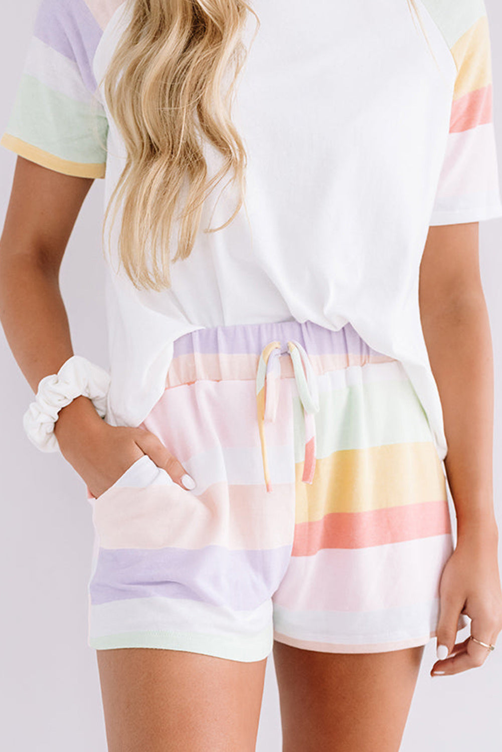 White Rainbow Striped T Shirt and Shorts Set Short Sets JT's Designer Fashion