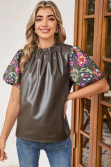 Four Leaf Clover Floral Bubble Sleeve Patchwork Leatherette Frilled Round Neck Blouse Blouses & Shirts JT's Designer Fashion
