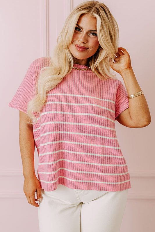 Pink Stripe Ribbed Loose Plus T Shirt Plus Size JT's Designer Fashion