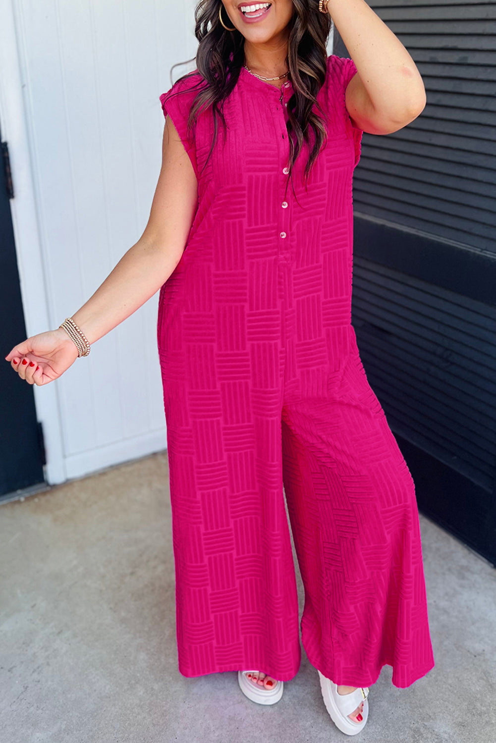 Bright Pink Terry Textured Sleeveless Button Front Wide Leg Jumpsuit Bright Pink 100%Polyester Jumpsuits & Rompers JT's Designer Fashion