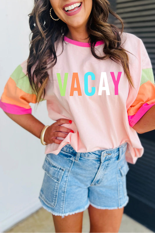 Pink VACAY Printed Color Block Half Sleeve Graphic T Shirt Graphic Tees JT's Designer Fashion