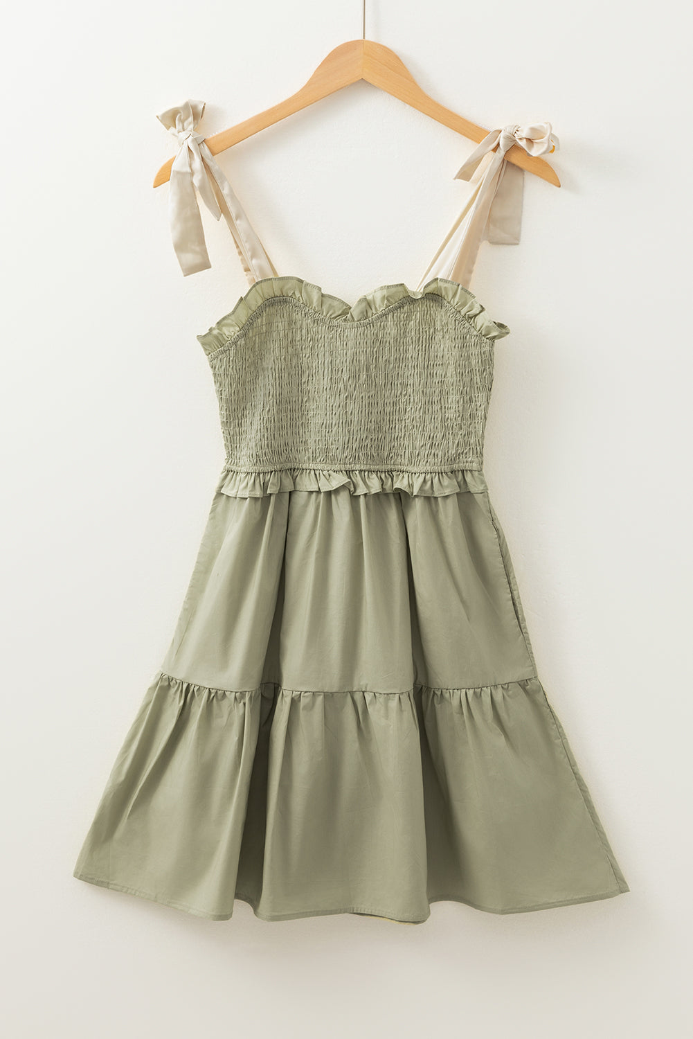 Laurel Green Smocked Bodice Self-tie Straps A-line Ruffled Mini Dress Mini Dresses JT's Designer Fashion