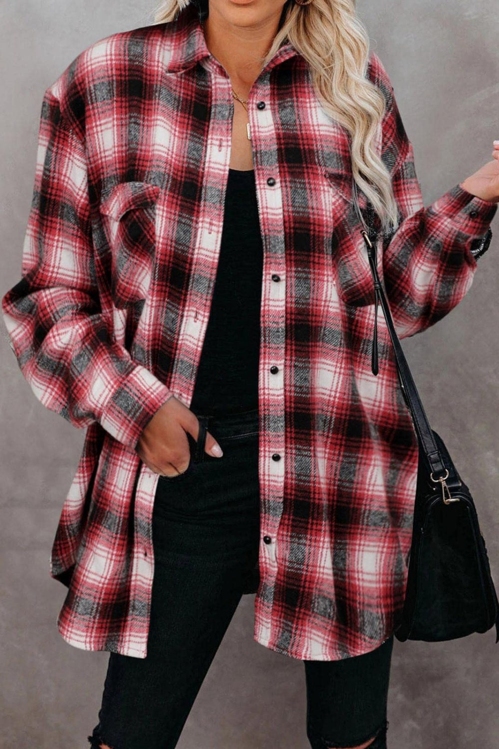 Full Size Plaid Collared Neck Long Sleeve Shirt Deep Red Long Sleeve Tops JT's Designer Fashion