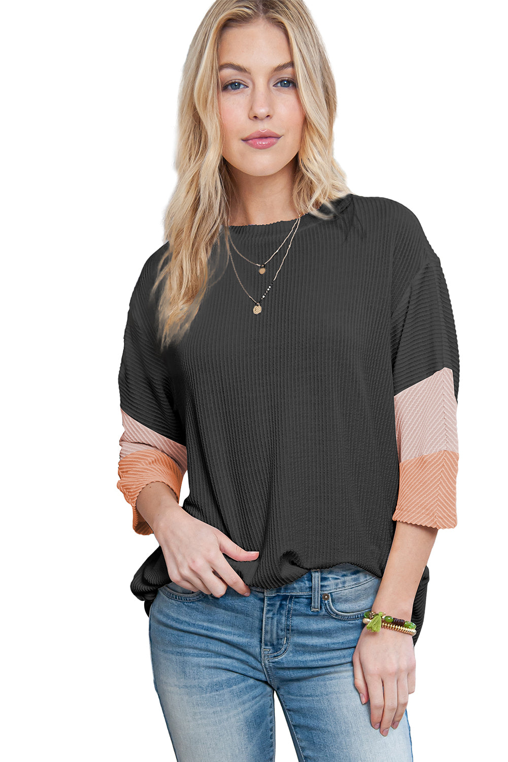 Carbon Grey Color Block Ribbed Knit Quarter Sleeve Top Tops & Tees JT's Designer Fashion