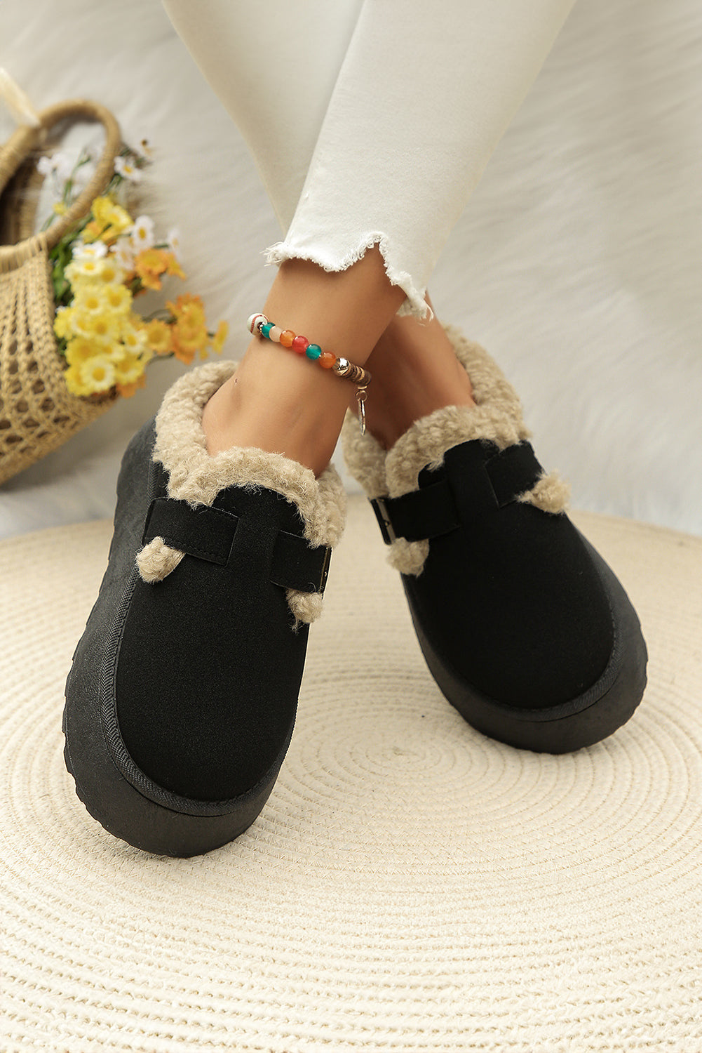 Black Plush Patched Buckle Decor Thick Sole Thermal Slippers Slippers JT's Designer Fashion