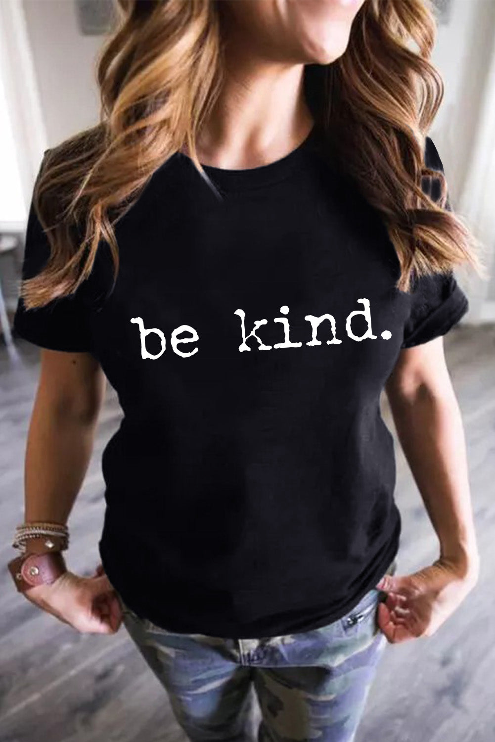 Black be kind Letter Print Round Neck Casual T Shirt Graphic Tees JT's Designer Fashion