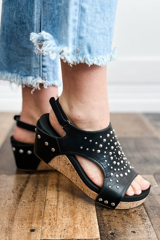 Black Rhinestone Stud Hollow Out Wedge Sandals Sandals JT's Designer Fashion