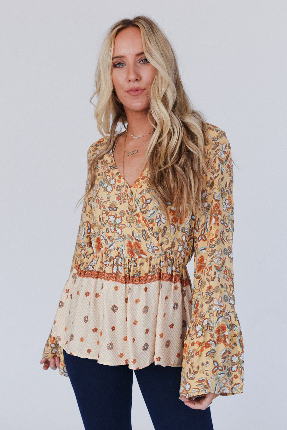 Yellow Printed Floral Bell Sleeve V Neck Wrapped Contrast Peplum Blouse Blouses & Shirts JT's Designer Fashion