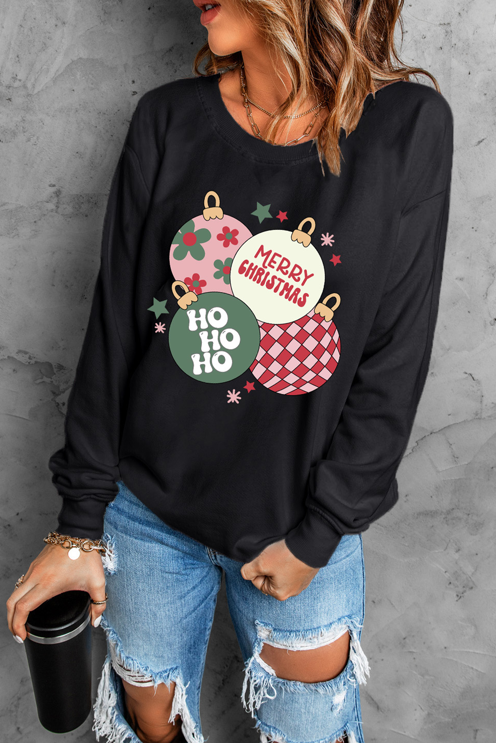 Black Floral Letter Christmas Ball Printed Crewneck Pullover Sweatshirt Graphic Sweatshirts JT's Designer Fashion