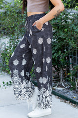 Black Bohemian Printed Drawstring Waist Wide Leg Pants Pants & Culotte JT's Designer Fashion