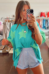 Aruba Blue Frayed Denim Star Patched Oversize T Shirt Pre Order Tops JT's Designer Fashion