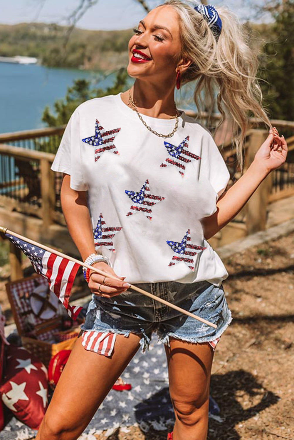 White Sequined American Flag Star Graphic T Shirt Graphic Tees JT's Designer Fashion