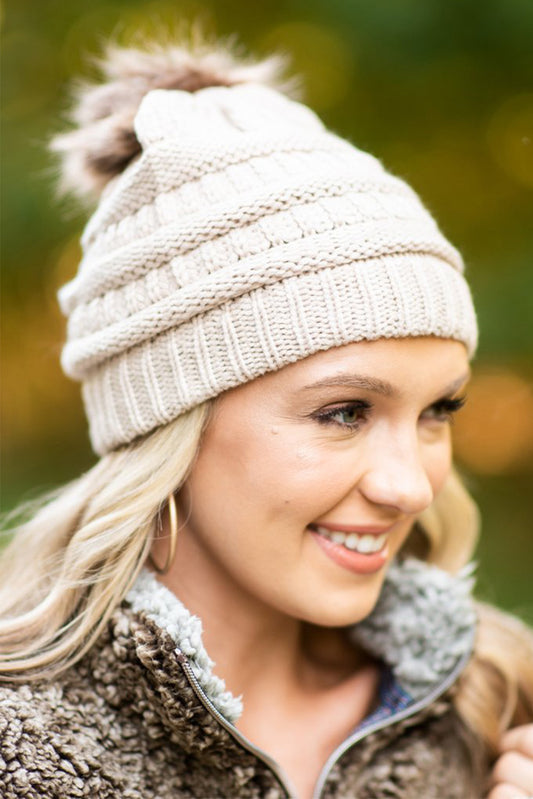 Apricot Outdoor Cable Knit Beanie with Pompom Hats & Caps JT's Designer Fashion