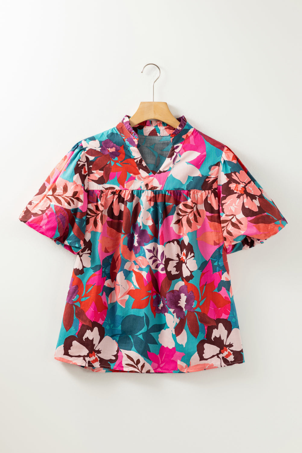 Rose Red Floral Print Puff Sleeve Notched V Neck Blouse Blouses & Shirts JT's Designer Fashion