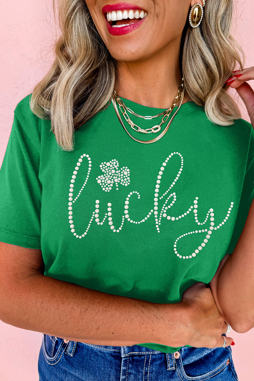 Bright Green Ceramic Rhinestone Lucky Clover Graphic Tee Graphic Tees JT's Designer Fashion