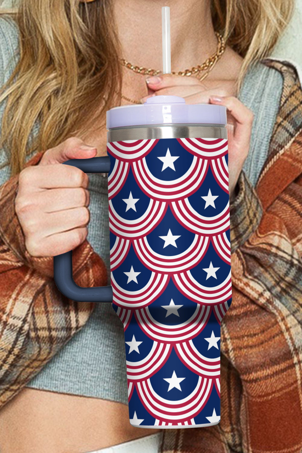 Bluing Stars and Stripes Printed Thermos Cup with Handle 40oz Tumblers JT's Designer Fashion