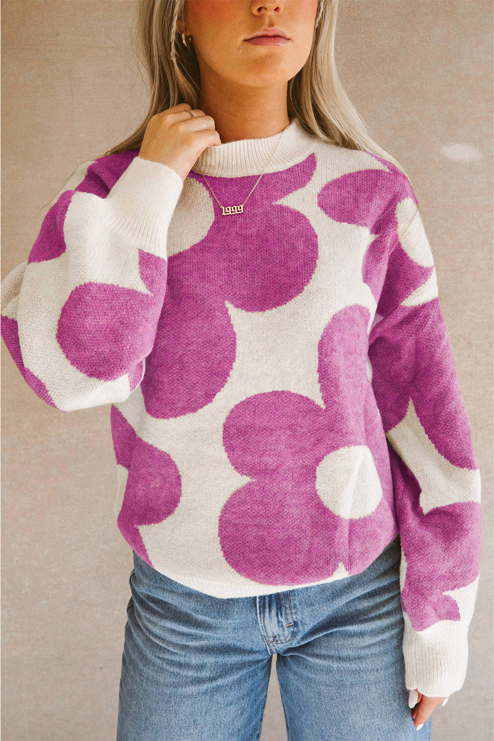 Bright Pink Big Flower Pattern Drop Shoulder Sweater Sweaters & Cardigans JT's Designer Fashion