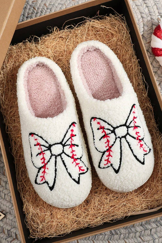 White Bow Knot Rugby Pattern Plush Warm Slippers Slippers JT's Designer Fashion