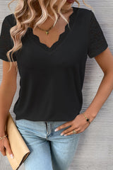 Black Contrast Lace V-Neck Patchwork Sleeve Casual T-Shirt Pre Order Tops JT's Designer Fashion