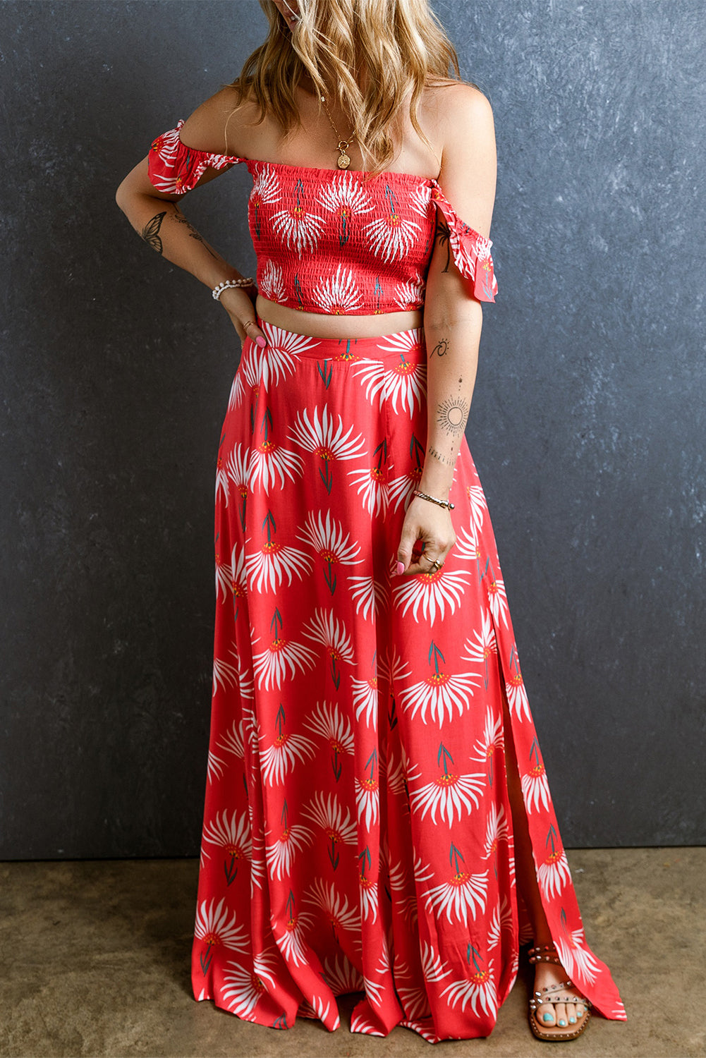 Red Floral Shirred Off Shoulder Crop Top and Slit Maxi Skirt Set Bottoms JT's Designer Fashion