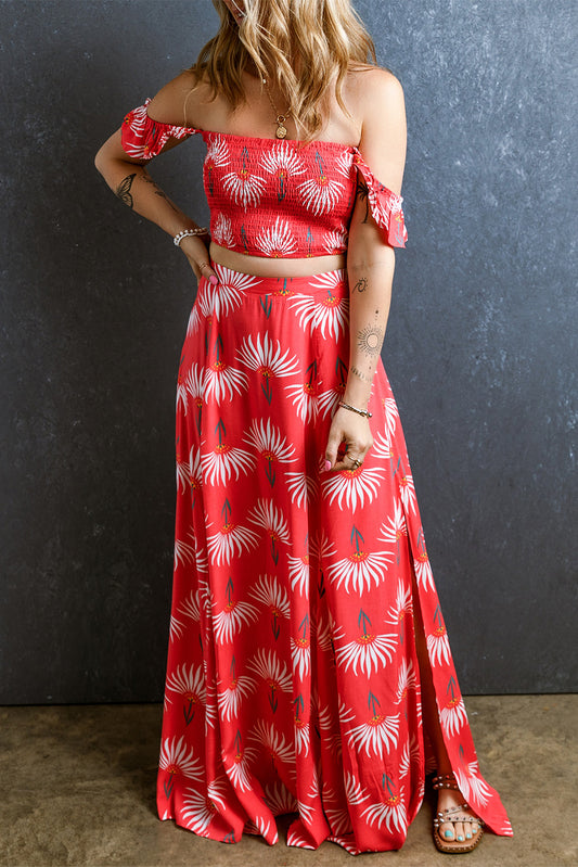 Red Floral Shirred Off Shoulder Crop Top and Slit Maxi Skirt Set Bottoms JT's Designer Fashion