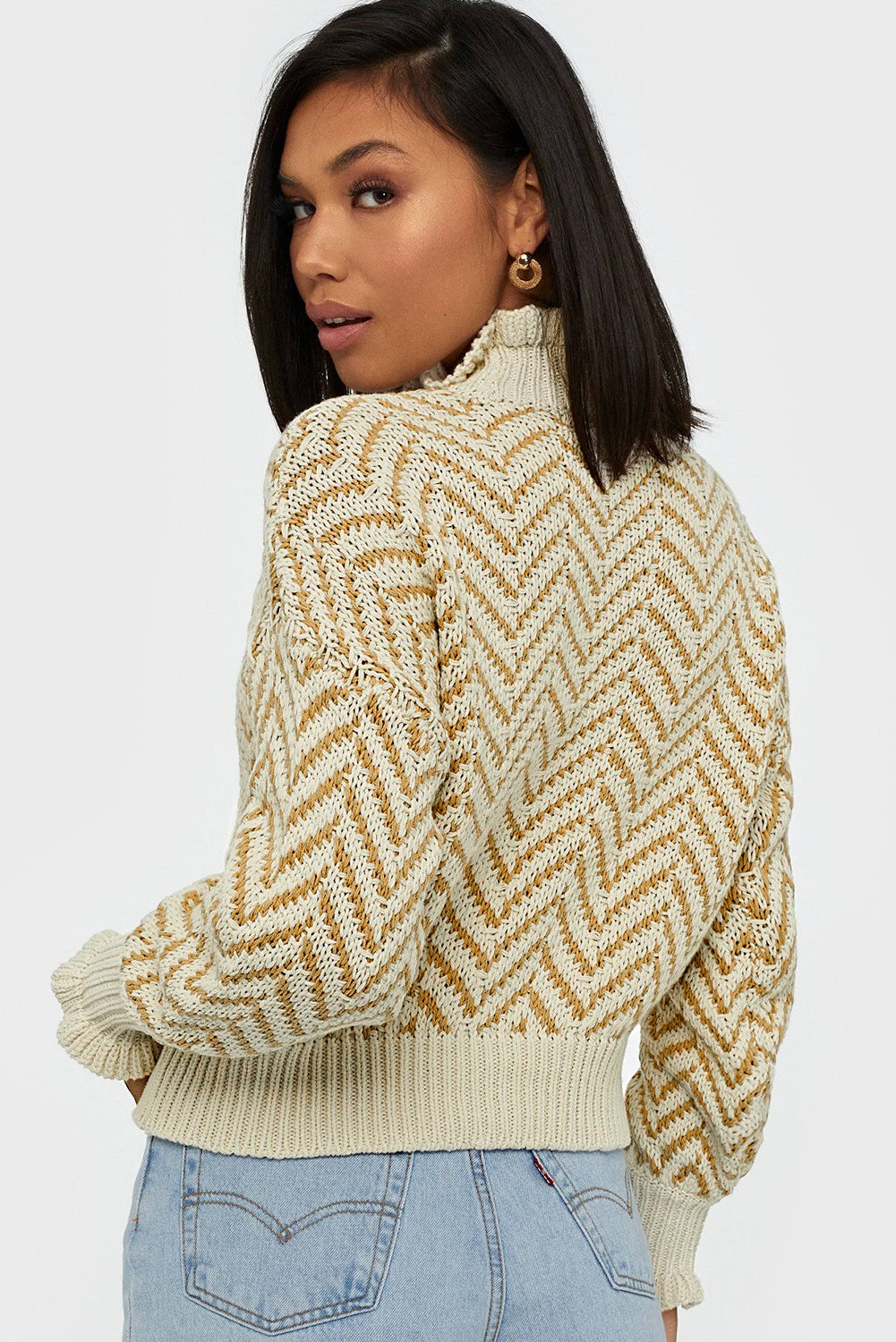 Khaki Chevron Striped High Neck Drop Shoulder Sweater Sweaters & Cardigans JT's Designer Fashion