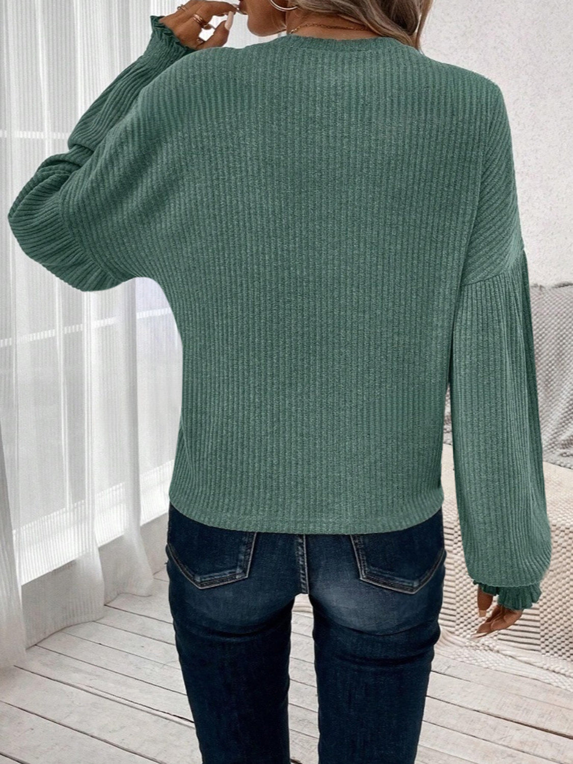 Ribbed Round Neck Lantern Sleeve T-Shirt Long Sleeve Tops JT's Designer Fashion