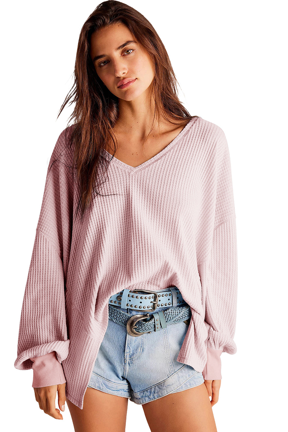 Light Pink Waffle V Neck Long Sleeve Drop Shoulder Loose Blouse Blouses & Shirts JT's Designer Fashion