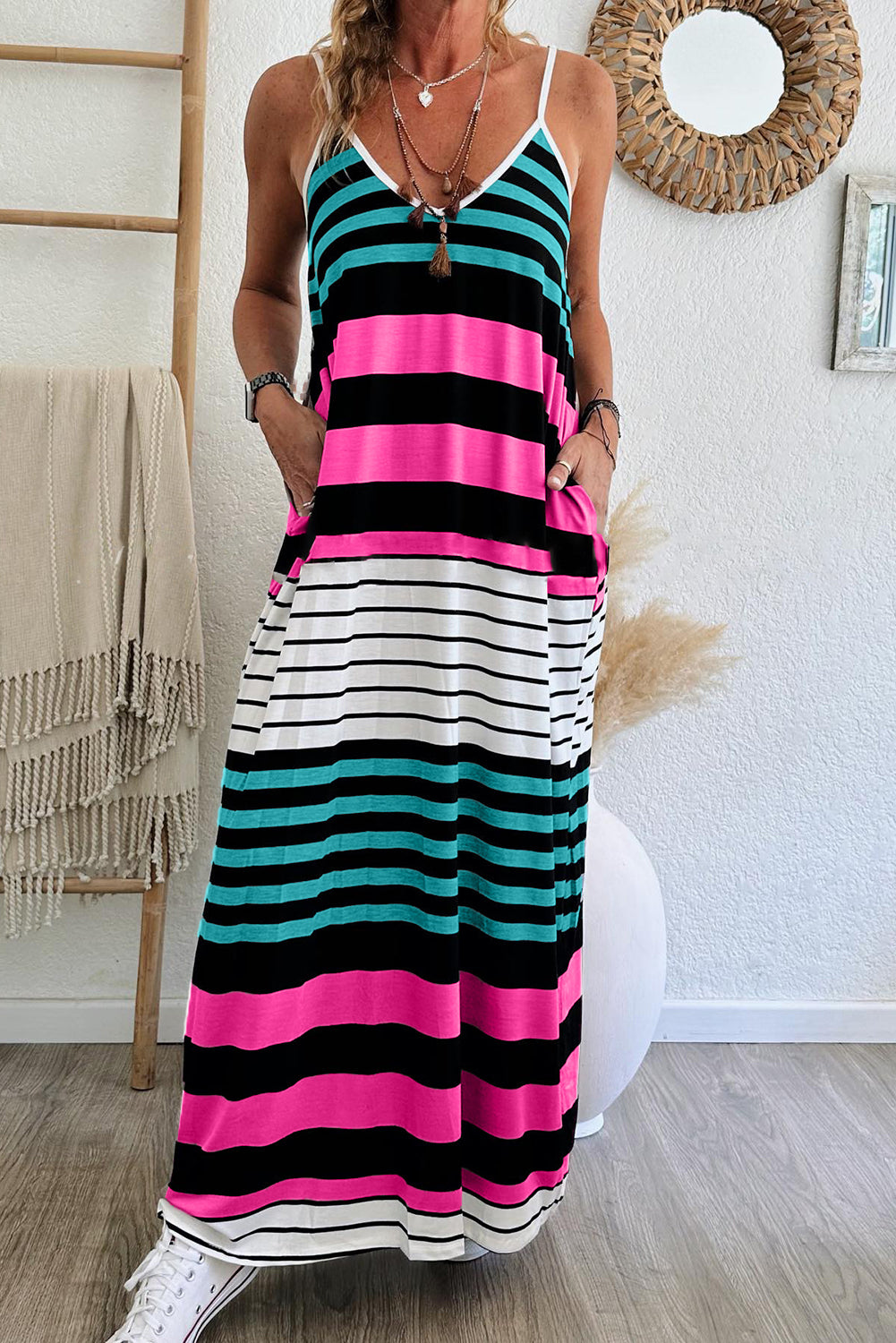 Rose Stripe Mixed Stripes Spaghetti Straps V Neck Maxi Dress Pre Order Dresses JT's Designer Fashion