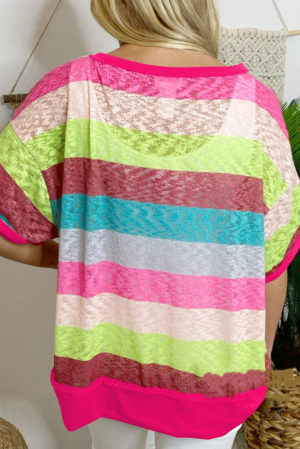 Rose Stripe Plus Size Textured Knit Short Sleeve Henley Top Plus Size JT's Designer Fashion