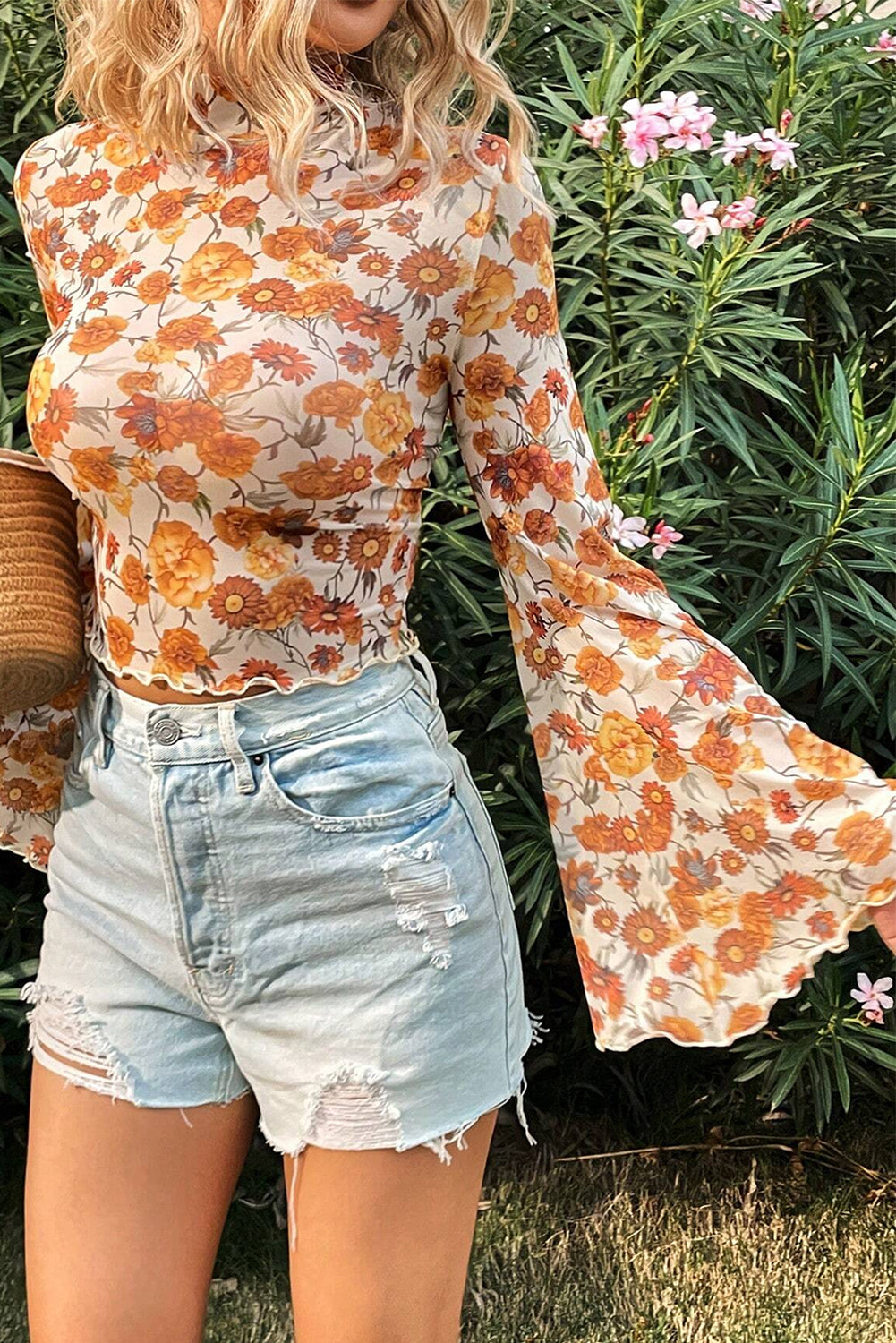 Orange Floral Printed Bell Sleeve Mock Neck Scallop Trim Blouse Blouses & Shirts JT's Designer Fashion