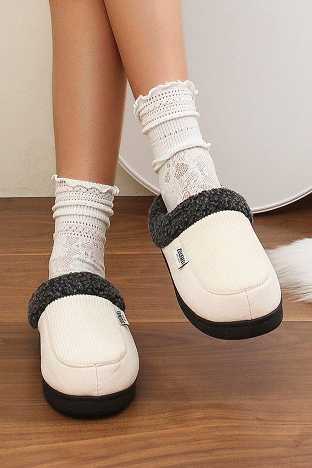 White Color Block Plush Lined Winter Slippers Slippers JT's Designer Fashion