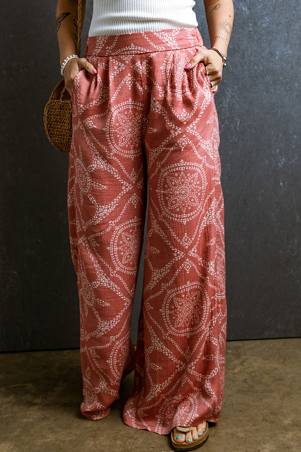 Pink Abstract Geometric Print Wide Leg Casual Pants Bottoms JT's Designer Fashion