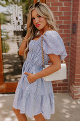 Sky Blue Stripe Bubble Sleeve Square Neck Ruched Pocketed Babydoll Dress Mini Dresses JT's Designer Fashion