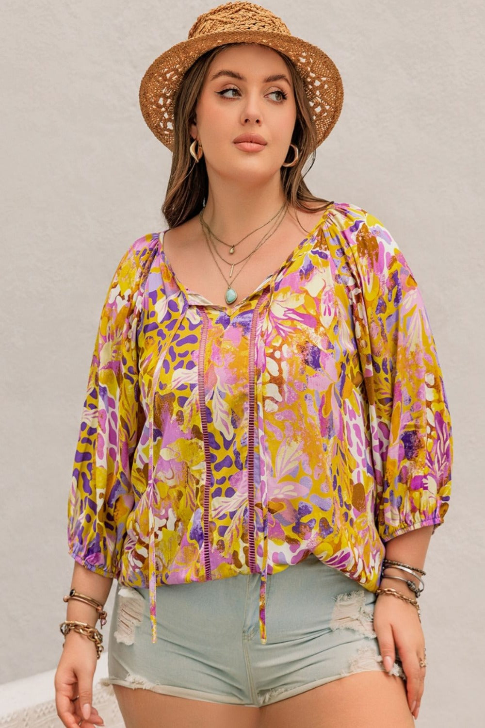 Plus Size Printed Tie Neck Blouse Moonlit Mauve Blouses & Shirts JT's Designer Fashion