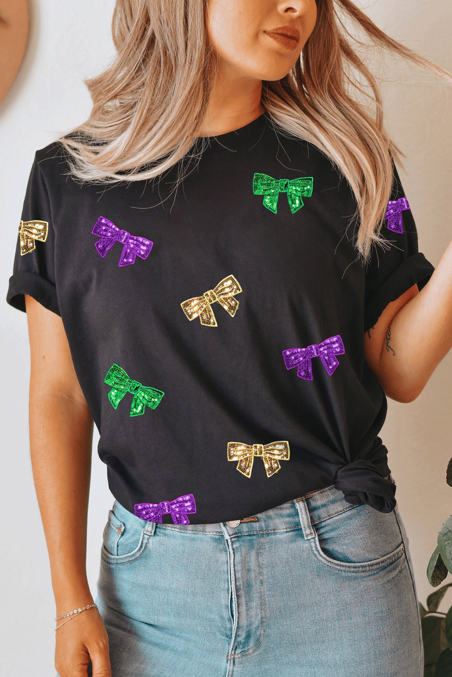 Black Mardi Gras Sequin Bow Knot Crew Neck T Shirt Graphic Tees JT's Designer Fashion