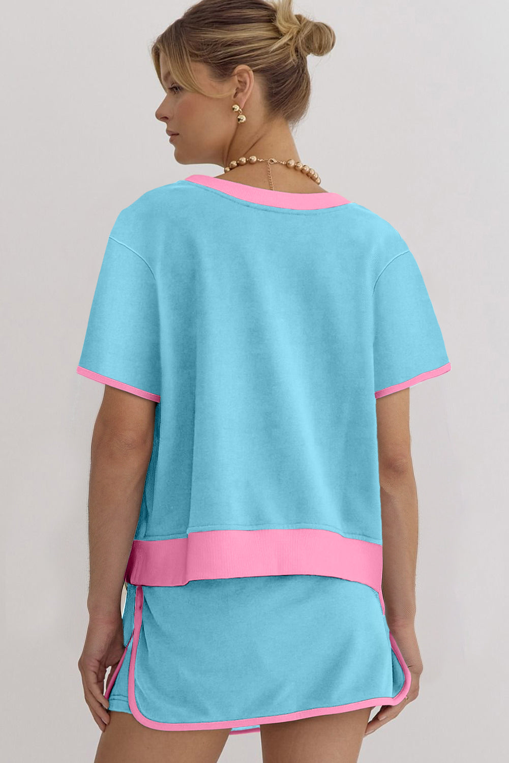 Turquoise Colorblock Edge Drop Shoulder T Shirt and Skirt 2Pcs Set Two Piece Dresses JT's Designer Fashion