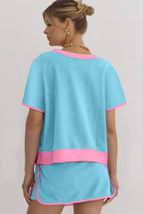 Turquoise Colorblock Edge Drop Shoulder T Shirt and Skirt 2Pcs Set Two Piece Dresses JT's Designer Fashion