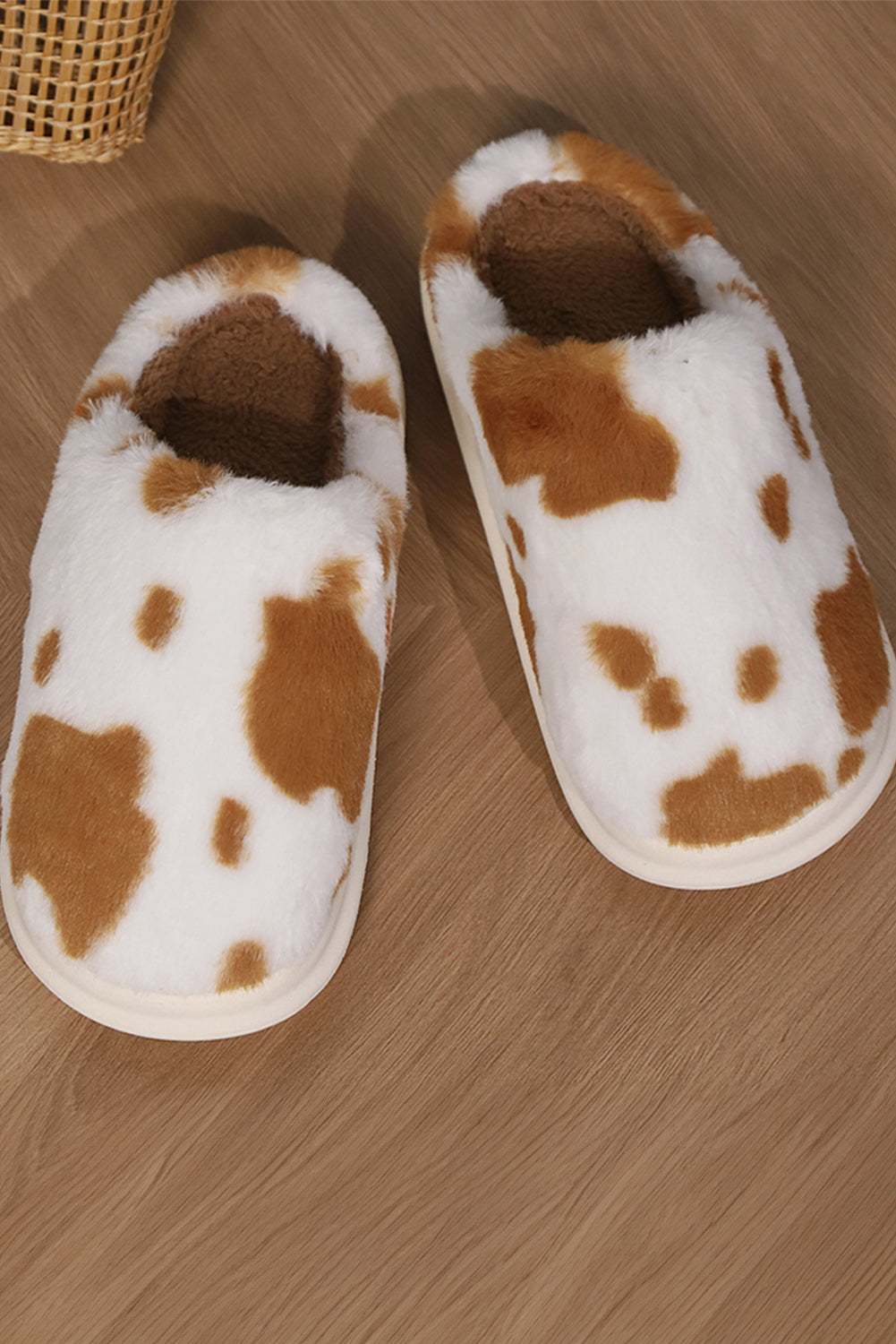 Chestnut Cow Spot Printed Plush Home Slippers Slippers JT's Designer Fashion