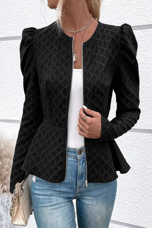 Zip Up Puff Sleeve Jacket Black Long Sleeve Tops JT's Designer Fashion