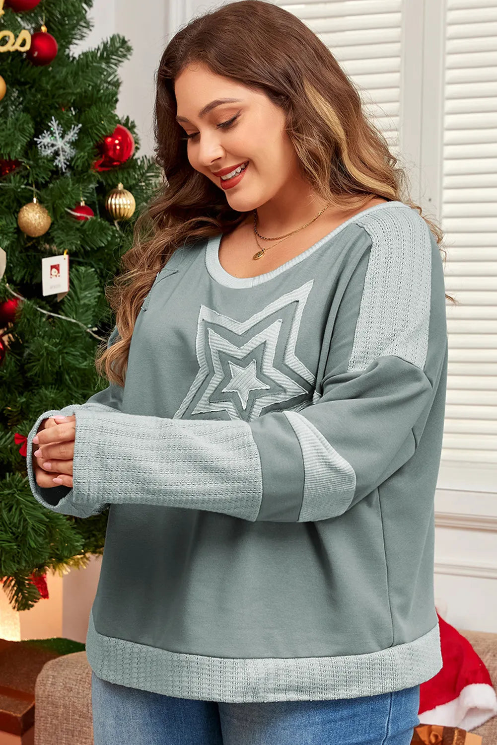 Plus Size Star Round Neck Long Sleeve Top Long Sleeve Tops JT's Designer Fashion